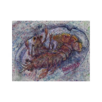 a painting of a lobster on a plate on a table