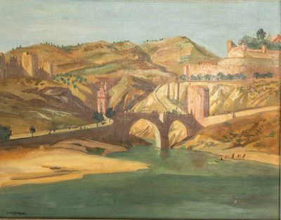 une peinture à l'huile représentant un pont sur une rivière avec un château à l'arrière-plan