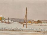 peinture représentant un paysage enneigé avec un poteau téléphonique au premier plan et des maisons à l'arrière-plan
