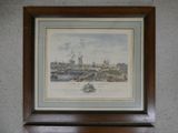 painting of a view of a harbor with boats in the water