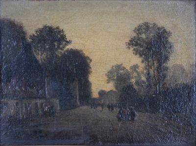 tableau représentant des personnes marchant sur un chemin de terre, avec des arbres en arrière-plan