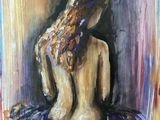 un tableau représentant une femme assise sur un lit, de dos à l'appareil photo