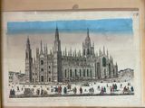 drawing of a large building with a clock tower and people walking around it