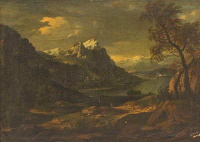 une image représentant un tableau représentant un paysage de montagne avec un lac