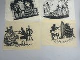 quatre dessins en noir et blanc représentant des personnes et des animaux, sur papier