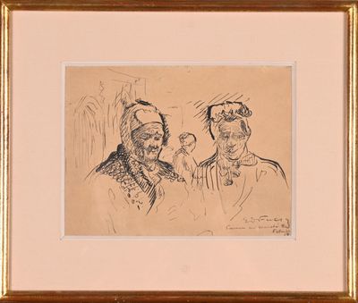drawing of two men in hats and a woman in a dress
