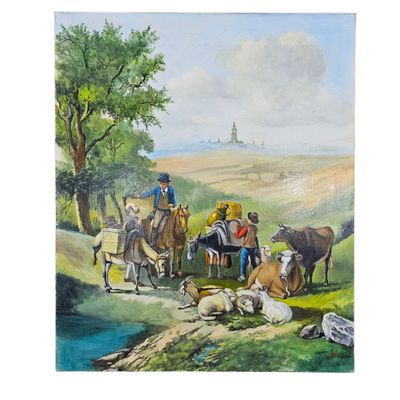 un tableau représentant un groupe de personnes à cheval et des vaches