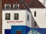 painting of a white building with a red roof and a blue door