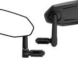 the rear view mirror of a motorcycle with a black handlebar