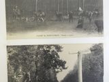 two old black and white photos of people riding horses in a wooded area