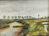 a watercolor painting of a landscape with trees and a river