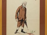 tableau représentant un homme vêtu d'un manteau marron, un parapluie à la main
