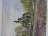 a picture of a painting of a church in the country