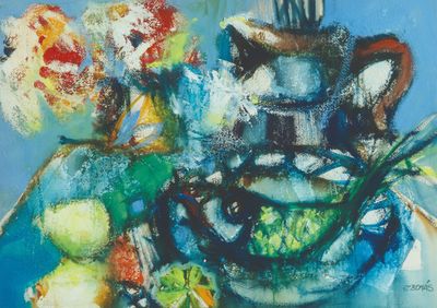 une peinture représentant un vase de fleurs et de fruits sur une table