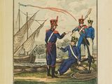 two men in uniforms are standing near a boat with a flag
