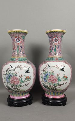 paire de vases chinois avec des oiseaux et des fleurs peints dessus