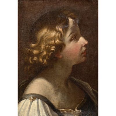 un tableau représentant un jeune garçon aux cheveux bouclés, vêtu d'une robe blanche