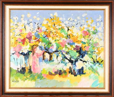 a painting of a group of people in a field with trees