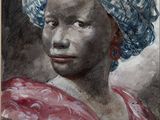portrait d'une jeune fille portant un turban bleu et un foulard rouge