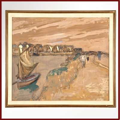 une image d'un tableau représentant un bateau sur l'eau