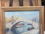 une peinture représentant un pont au-dessus d'une étendue d'eau