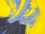 yellow and blue drawing of a person ' s hand holding a black bag