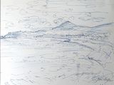 drawing of a landscape with mountains and a river in the distance