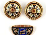 three pieces of art nouveau enamel and gold - plated jewelry