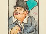 dessin représentant un homme portant un chapeau bleu et un haut-de-forme vert