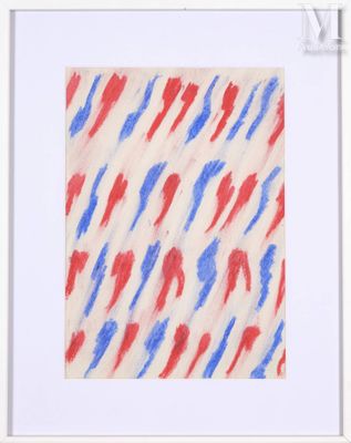 un tableau composé de touches de pinceau rouges, blanches et bleues, dans un cadre blanc