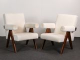 pair of mid century danish lounge chairs in white wool and walnut