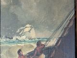 a picture of a painting of a man on a boat
