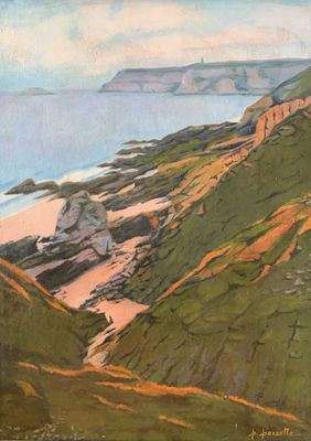 an image of a painting of a view of the ocean from a hill