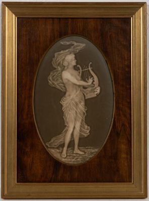 an old picture of a woman holding a harp in a wooden frame