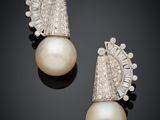 a pair of cultured pearl and diamond earrings