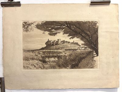 drawing of a castle on a hill with a tree in the foreground