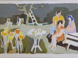 a painting of people sitting at a table in a park