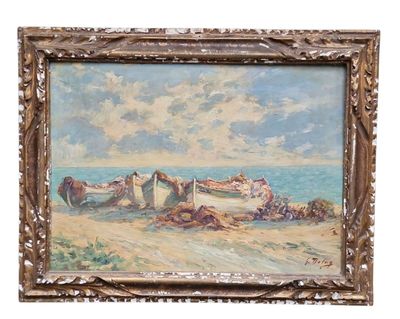 une peinture à l'huile représentant une scène de plage avec un bateau sur le rivage