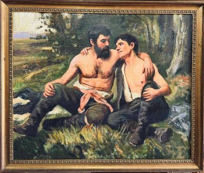 un tableau représentant deux hommes assis l'un à côté de l'autre