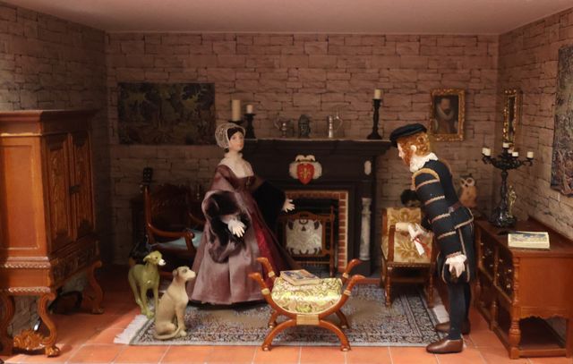 Diorama. Composition miniature, dans une vitrine en bois, vitre e...