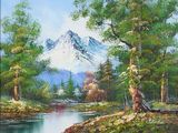 painting of a mountain scene with a river and trees in the foreground