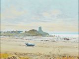 a painting of a boat on the beach by the water