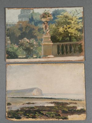 two paintings of a view of a castle and a body of water