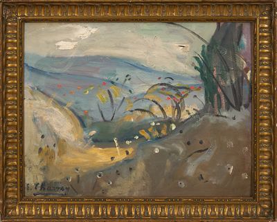 une peinture à l'huile représentant un paysage avec des arbres et des collines en arrière-plan