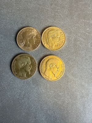 4 pièces de 20 francs or (1910, 1856, 1869, 1856)