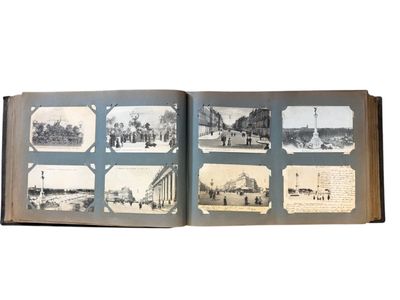 an old photo of a book with pictures of people and buildings