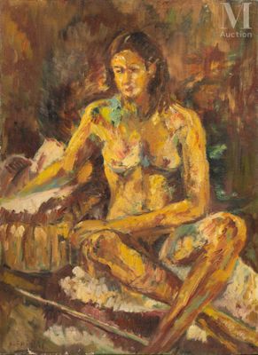 un tableau représentant une femme assise sur un canapé, les jambes croisées