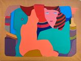 a painting of a woman and a cat sitting on a couch