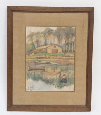 Ecole française XXe. la bergerie aux barques sur fond de pin…