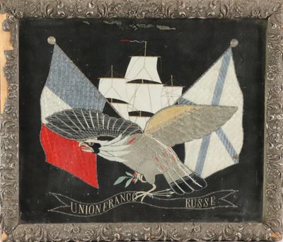 an image of a picture of a painting of a bird flying in front of a ship